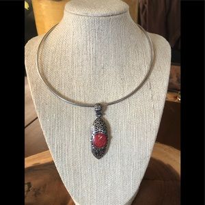 Stainless Steel Scrollwork Framed Carnelian Pendant ~ 2-1/2” long